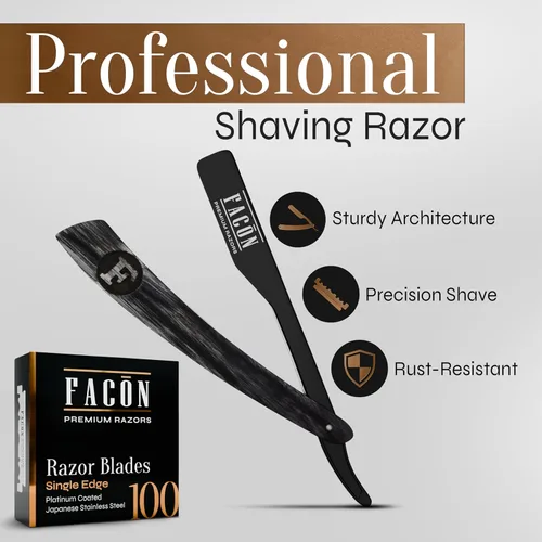 Miniatura 2 de Facón Navajas rectas para hombres - Kit de navaja de barbero profesional de borde recto con 100 cuchillas, afeitadora de acero inoxidable de madera