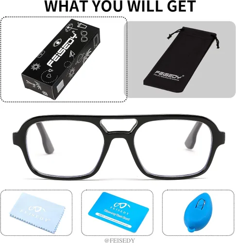 Miniatura 6 de FEISEDY Gafas de lectura retro cuadradas con bloqueo de luz azul para mujeres y hombres de los años 70, anteojos planos de aviador antifatiga