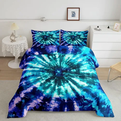 Erosebridal Juego de edredón de teñido anudado psicodélico en espiral, tamaño individual, juego de ropa de cama bohemio con remolinos de acuarela