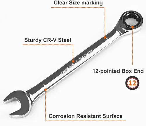 Miniatura 2 de Egofine - Llave combinada de trinquete métrica de 7 mm, llave de carraca de grado industrial con diseño de 12 puntas, trinquete de 72 dientes, acero