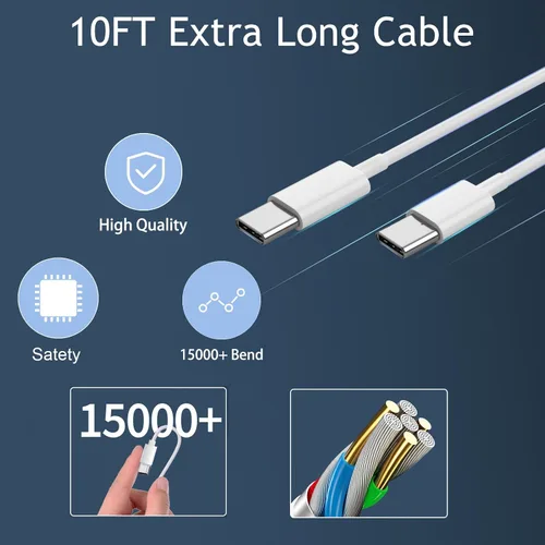 Miniatura 4 de Cable de carga rápida USB C a USB C de 10 pies de largo, cable de carga rápida tipo C para iPhone 17/17 Pro/17 Pro Max/16/16 Pro/16 Pro Max/15/15