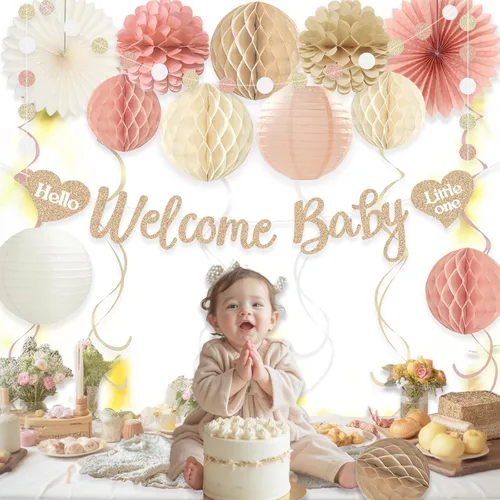 Miniatura 2 de Decoraciones de baby shower boho para niña, pancarta de bienvenida con bolas de nido de abeja pre-hiladas, flores de papel, linternas, abanicos