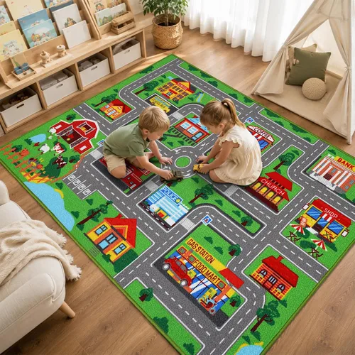 Miniatura 4 de Alfombra de juego para niños, alfombra de autos para niños, alfombra antideslizante con diseño de mapa de ciudad para niños, alfombra para sala