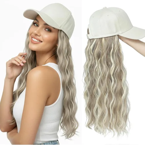 Miniatura 13 de Gorra de béisbol con peluca de cabello largo ondulado natural, con gorra, resistente al calor, mezcla sintética marrón rubio, fibras ajustables