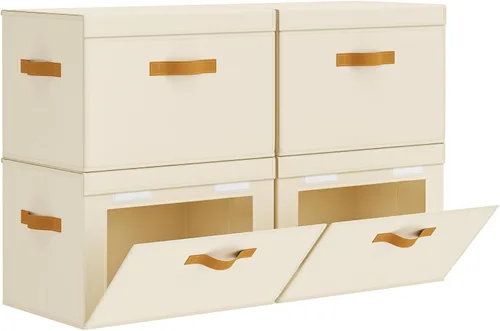 Miniatura 19 de Homsorout Contenedores de almacenamiento con tapa, organizador de armario con apertura lateral y ventana transparente, cesta plegable de tela Beige