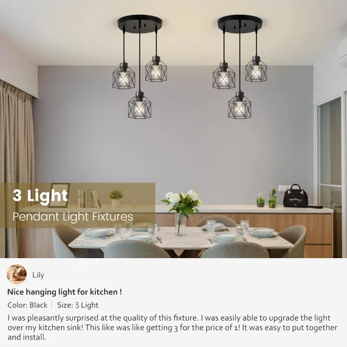 Miniatura 6 de Lámparas colgantes de 3 luces, iluminación colgante de estilo granja, candelabro de comedor, lámpara colgante industrial para isla de cocina