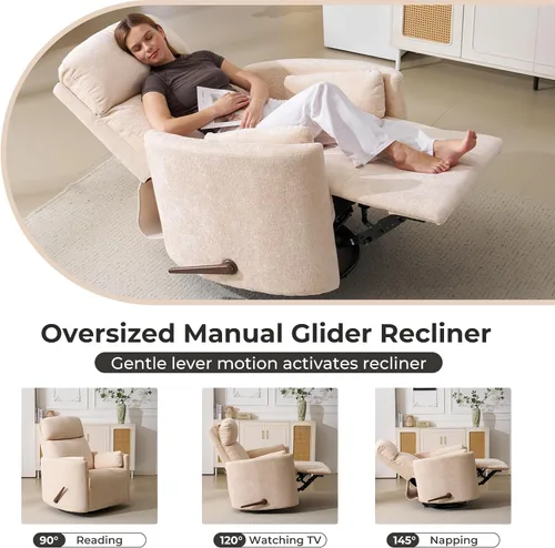 Miniatura 8 de Sillón reclinable giratorio de gran tamaño con masaje y calor, sillón reclinable giratorio para guardería con reposacabezas ajustable, silla Beige