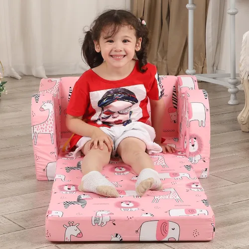 Miniatura 6 de MOMCAYWEX Sofá para niños, sofá de espuma abatible 2 en 1, silla plegable suave para jugar, color rosa
