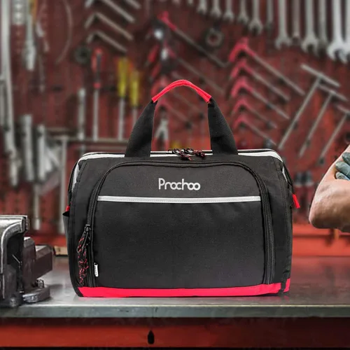 Miniatura 7 de Bolsa de herramientas de boca ancha con 25 bolsillos bolsa de almacenamiento de 16 pulgadas con correa de hombro ajustable negro/rojo