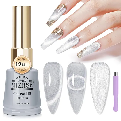 Miniatura 14 de MIZHSE Esmalte de uñas de gel de cristal de gelatina marrón, ojo de gato, 0.4 fl oz, esmalte de gel holográfico con purpurina UV LED, gel magnético