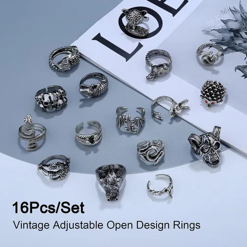 Miniatura 4 de ORAZIO Juego de 16 anillos abiertos góticos para hombres y mujeres, estilo punk, ajustable, serpiente y garra de dragón, anillos de animales