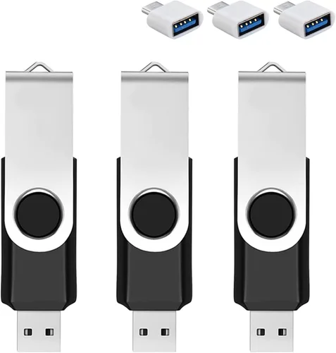 Paquete de 3 Memorias USB de 64GB con Adaptador Tipo C y Caja de Almacenamiento USB 2.0 de Alta Velocidad Memoria USB Metálica Giratoria 360° para