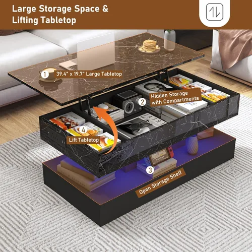 Miniatura 4 de chartustriable Mesa de Centro Grande de 39.4" con Tapa Elevable y Estación de Carga, Mesa Central LED Moderna de Alto Brillo con Compartimento