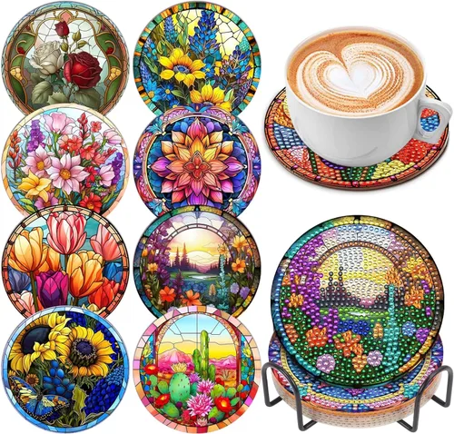 Miniatura 9 de Juego de 8 posavasos de arte de diamante para adultos con soporte de almohadillas de corcho, paisaje abstracto de bricolaje, arte de diamantes