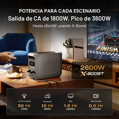 Miniatura 3 de EF ECOFLOW Estación de energía portátil DELTA 3 Classic, batería LiFePO4 de 1024 Wh, salida de 1800W AC/100W USB-C, carga rápida de 1 hora