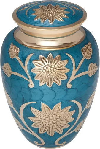 Miniatura 3 de Liliane Memorials - Urna funeraria de flores azules y doradas, urna de cremación para cenizas humanas, latón, adecuada para entierro o nicho