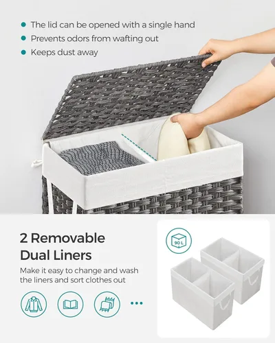 Miniatura 3 de SONGMICS Cesta de lavandería con tapa, cesta de ropa de 90 litros con 2 bolsas de forro extraíbles, 6 bolsas de malla, canasta de mimbre para Gris