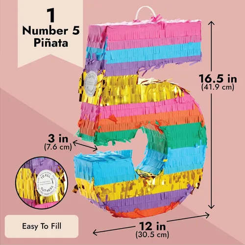 Miniatura 3 de BLUE PANDA Piñata arcoíris número 5, pequeña, multicolor, 12 x 16.5 x 3 pulgadas, piñata para decoración de fiesta de cumpleaños y fiesta de niños