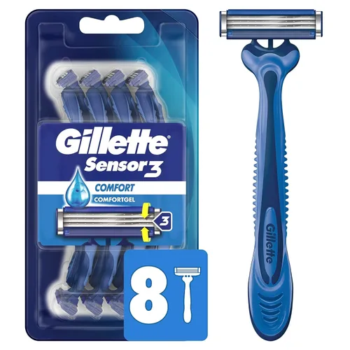 Maquinillas de afeitar desechables Gillette Sensor3 Comfort para hombres, 8 unidades, Lubrastrip se desliza fácilmente sobre tu piel