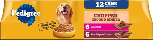 Pedigree - Comida húmeda para perros picada molida con cena de filete miñón y variedad de carne de res, (12) latas de 13.2 onzas