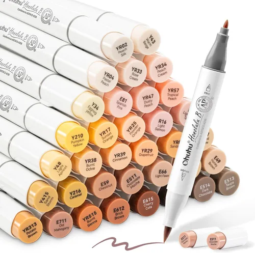 Ohuhu Marcadores de Alcohol de Tonos de Piel con Punta de Pincel - 36 Marcadores de Color de Piel para Retratos para Artistas Adultos Colorear