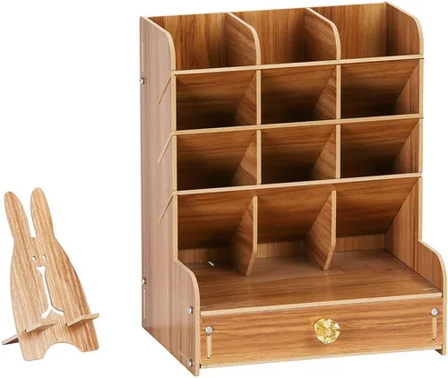 Miniatura 6 de Hggzeg Organizador de escritorio de madera, multifuncional, soporte para bolígrafos, caja de almacenamiento estacionario de escritorio
