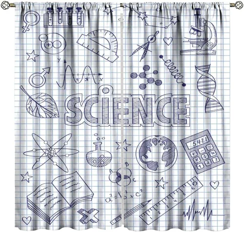 Miniatura 23 de Cortinas opacas para ventanas de ciencia para niños, lupa de libro de laboratorio de ciencia, lupa, frascos moleculares, cortinas impresas