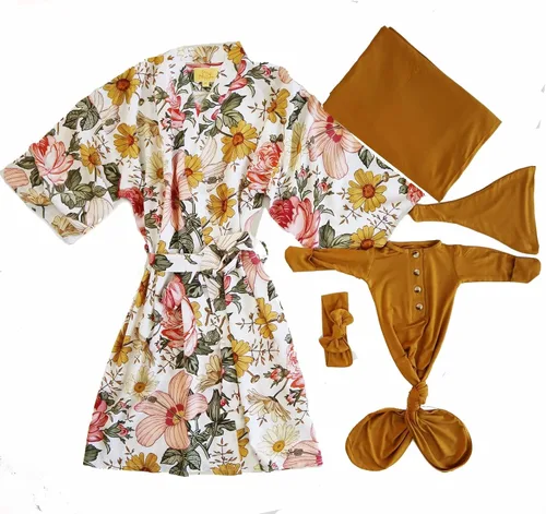 Miniatura 2 de DOB Baby Mommy and Me - Conjunto de bata, manta de envolver y moño para bebé, color miel, sombrero y lazo para bebé, niño o niña, XXL