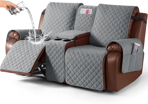 Miniatura 26 de KinCam Funda 100% Impermeable para Loveseat Reclinable con Consola, Fundas Antideslizantes para Sofá Reclinable de 2 Asientos, Funda para Sofá