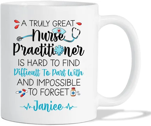 Taza personalizada para enfermera practicante, 11 oz y 15 onzas, cerámica blanca, mango en C, nombre personalizado, regalo de jubilación NP,