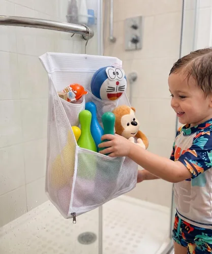 Miniatura 6 de ALYER Bolsa organizadora de juguetes de baño de malla colgante, organizador grande de almacenamiento para ducha con colgador duradero (blanco)