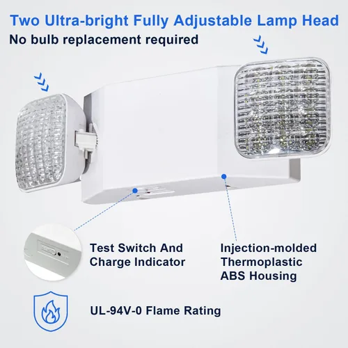 Miniatura 3 de Luz de emergencia LED con batería de respaldo, dos luces de salida de emergencia ajustables de cabeza cuadrada para fallos de energía del hogar