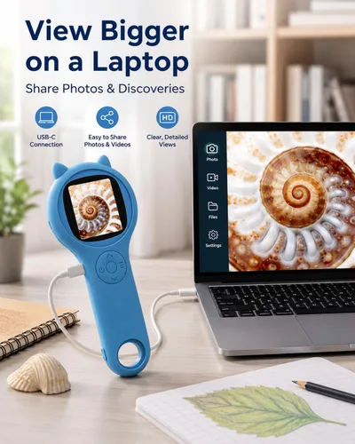 Miniatura 4 de Microscopio de exploración al aire libre para niños, microscopio digital portátil 500X con pantalla IPS de 2 pulgadas, juguete STEM de viaje de Azul
