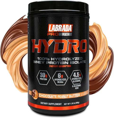 LABRADA HYDRO 100% Polvo de proteína aislada de suero hidrolizada pura, sin lactosa, 6g de BCAA, 4.5g de glutamina, el suero más rápido de digerir