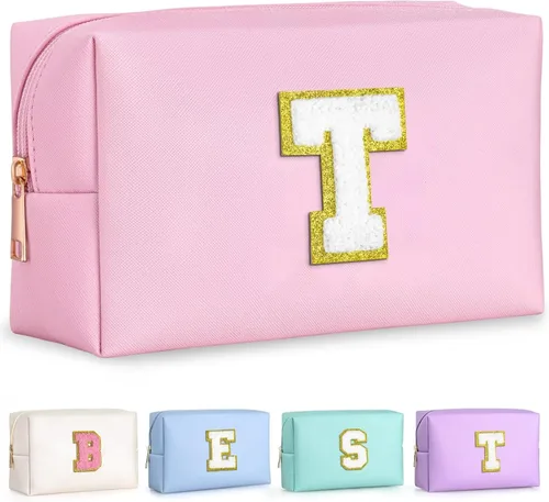 TOPEAST Bolsa de Maquillaje de Viaje para Mujeres - Bolsa de Cosméticos Preppy, Bolsa de Maquillaje Personalizada con Inicial | Bolsa de Aseo de Rosa