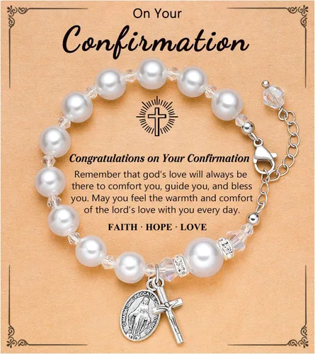 Miniatura 7 de UNGENT THEM Pulsera de perlas con cruz de rosario, bautismo, comunión, confirmación católica, regalos de Pascua para niñas, nieta, hija, sobrina