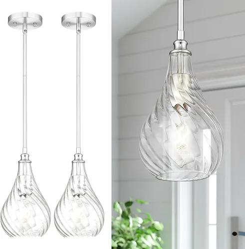 Miniatura 12 de TENGXIN Paquete de 2 luces colgantes de cocina sobre isla de 6 pulgadas, luces colgantes, lámpara colgante de vidrio rayado con acabado dorado