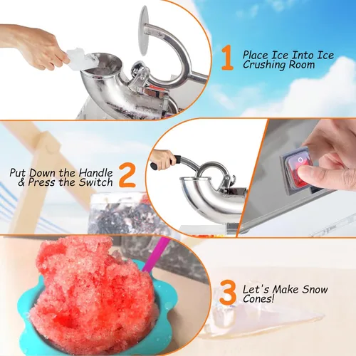 Miniatura 5 de Máquina trituradora de hielo comercial de 220 LBS/H, máquina eléctrica de cono de nieve, máquina de hielo afeitado de acero inoxidable para 220v