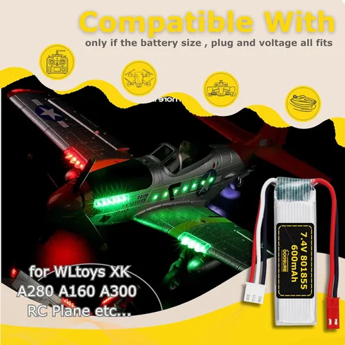 Miniatura 2 de Batería de 7.4V 600mAh 801855 compatible con WLtoys Toys XK A280 A160 A300 RC Airplane, P51 Mustang 4 canales 6G/3D sin escobillas 2.4G avión