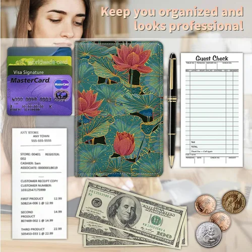 Miniatura 5 de Libros de servidor para camarera/camarero con bolsillo con cremallera, lindas almohadillas de servidor de cuero con arte de loto, organizador