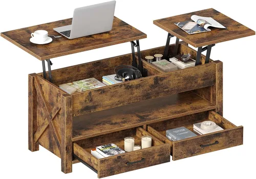 Miniatura 9 de Seventable - Mesa auxiliar, mesa de centro con elevación de 47.2 pulgadas con 2 cajones de almacenamiento y compartimento oculto, soporte de granja