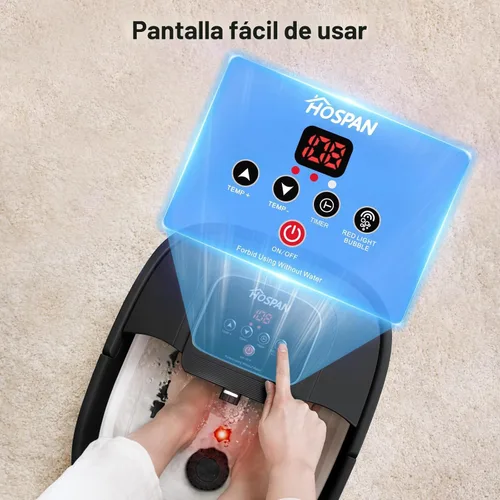 Miniatura 7 de HOSPAN Tina de pies plegable con calor, burbujas, luz roja y control de temperatura, masajeador de baño de pies con 8 rodillos de masaje shiatsu