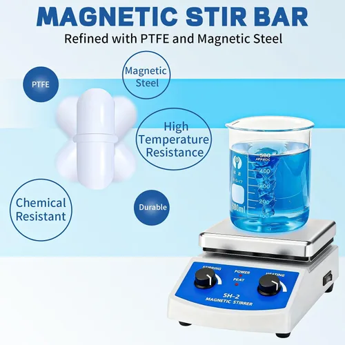 Miniatura 4 de Agitador magnético SH-2, mezclador de placa caliente de 520 ℉, agitador magnético de placa caliente de 100-2000 rpm con barra de agitación y soporte