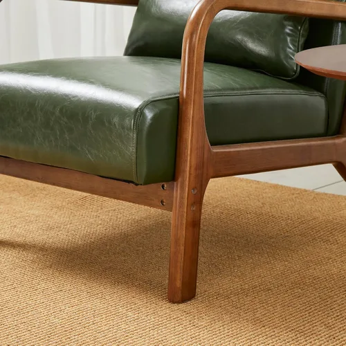 Miniatura 6 de Glitzhome Sillón Accent de mediados de siglo en verde cazador, sillón de lectura individual de cuero PU con marco de nogal y ruberwood Pu verde.