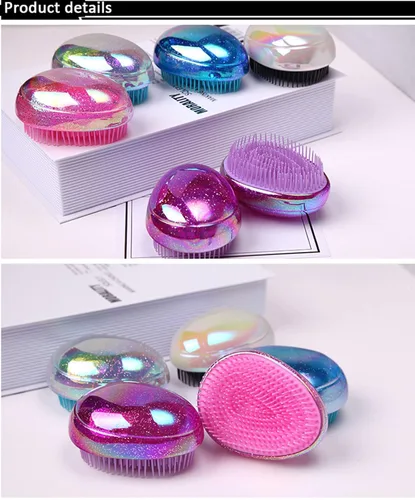 Miniatura 3 de Cepillo desenredante, cepillo de pelo portátil de viaje, forma de huevo con purpurina, nudos antiestáticos, cepillo desenredante de masaje con cojín