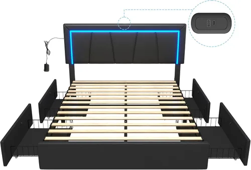 Miniatura 9 de DICTAC Marco de cama tamaño completo con cabecera y 4 cajones de almacenamiento, moderna plataforma de cama tapizada en cuero sintético