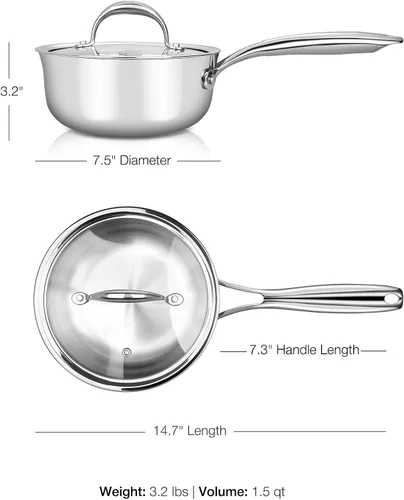 Miniatura 3 de KEAWELL K3 Premium - Cacerola de acero inoxidable de tres capas de 1.5 cuartos con tapa, seguro para inducción y horno hasta 600°F, calentamiento