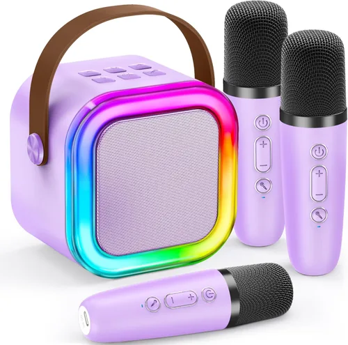 Miniatura 14 de IROO - Máquina de karaoke para niños y adultos, minialtavoz Bluetooth portátil con 2 micrófonos inalámbricos y luces de fiesta, para celular, regalo