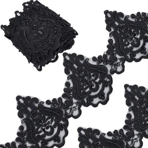 GORGECRAFT 3 yardas y 5 pulgadas de encaje negro Venecia bordado inelástico bordado festoneado cinta de flores bordadas de cuentas patrón de ondas