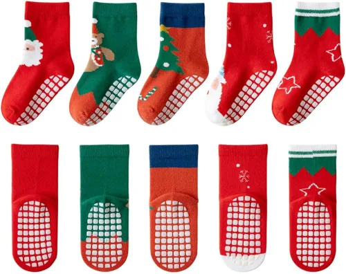 SUITBOY Calcetines de Navidad para niños, calcetines antideslizantes para bebés, regalos coloridos de Navidad para niños y niñas, calcetines cálidos